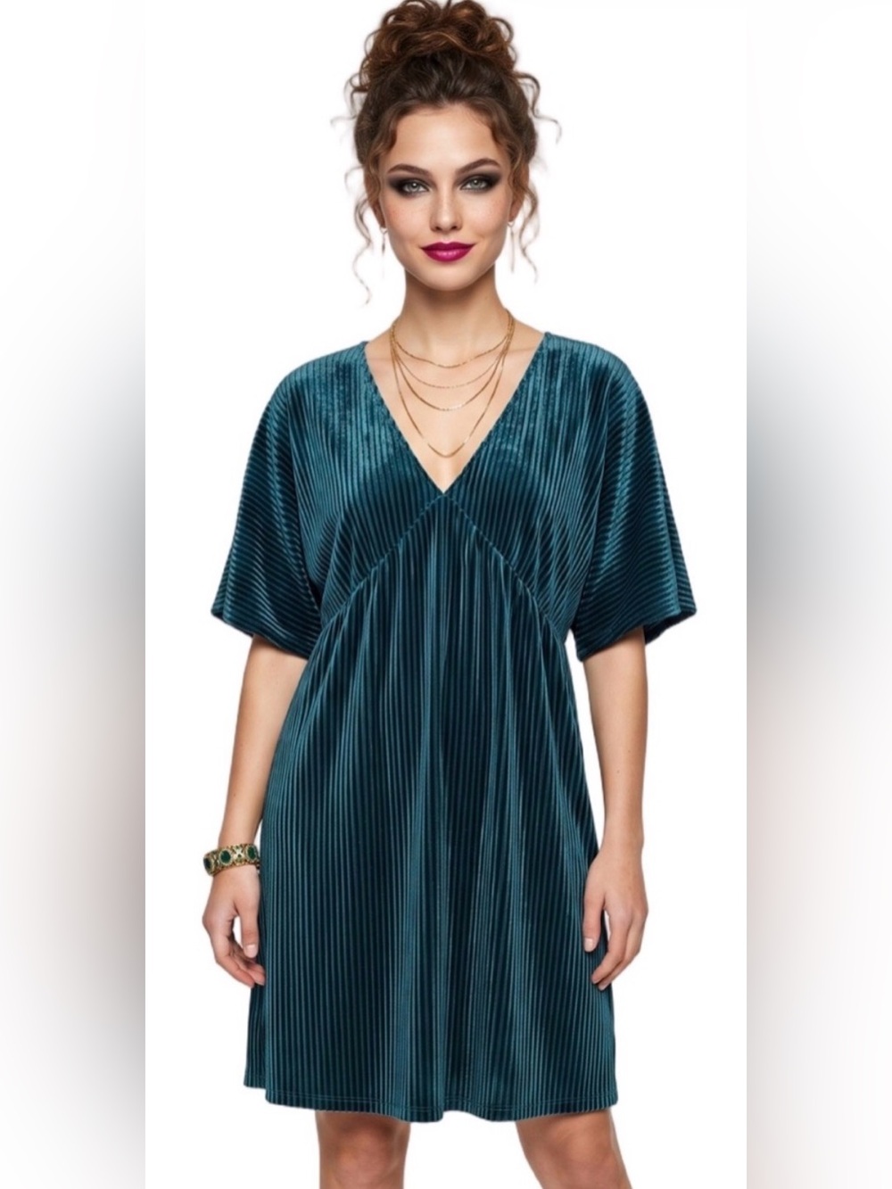 CES FEMME Emerald Green Velvet V neck Shortsleeve Mini Dress Kimono Minimalist - Picture 14 of 14